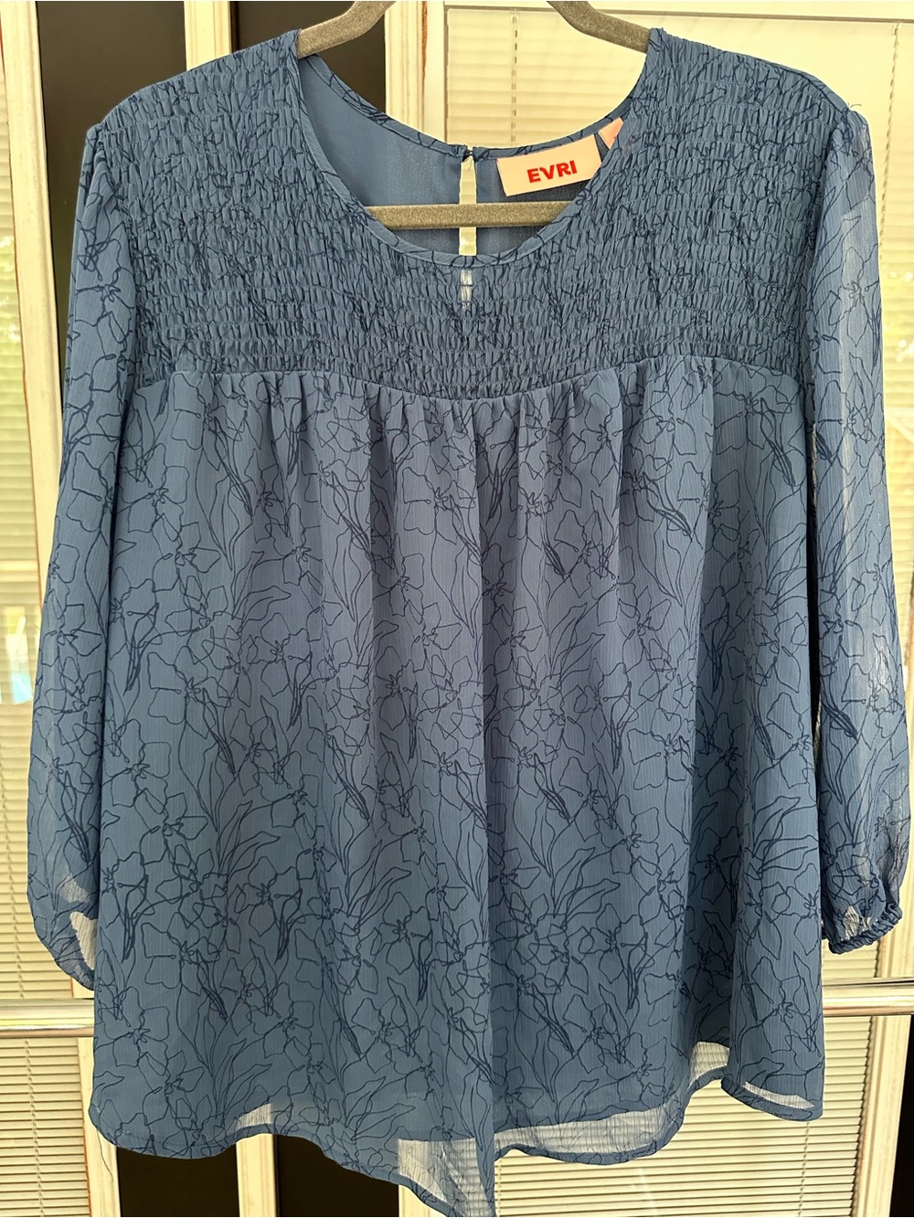 Size 1X EVRI Blue Smocked Yoke Floral Blouse